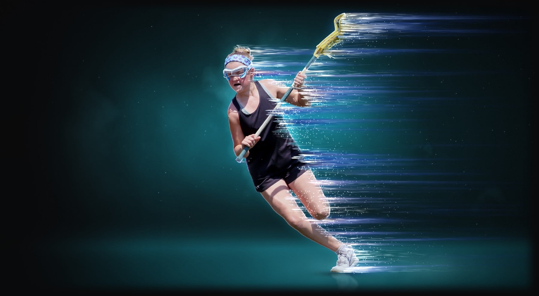 Lacrosse player cutting upfield with her stick, streaks of teal light behind her