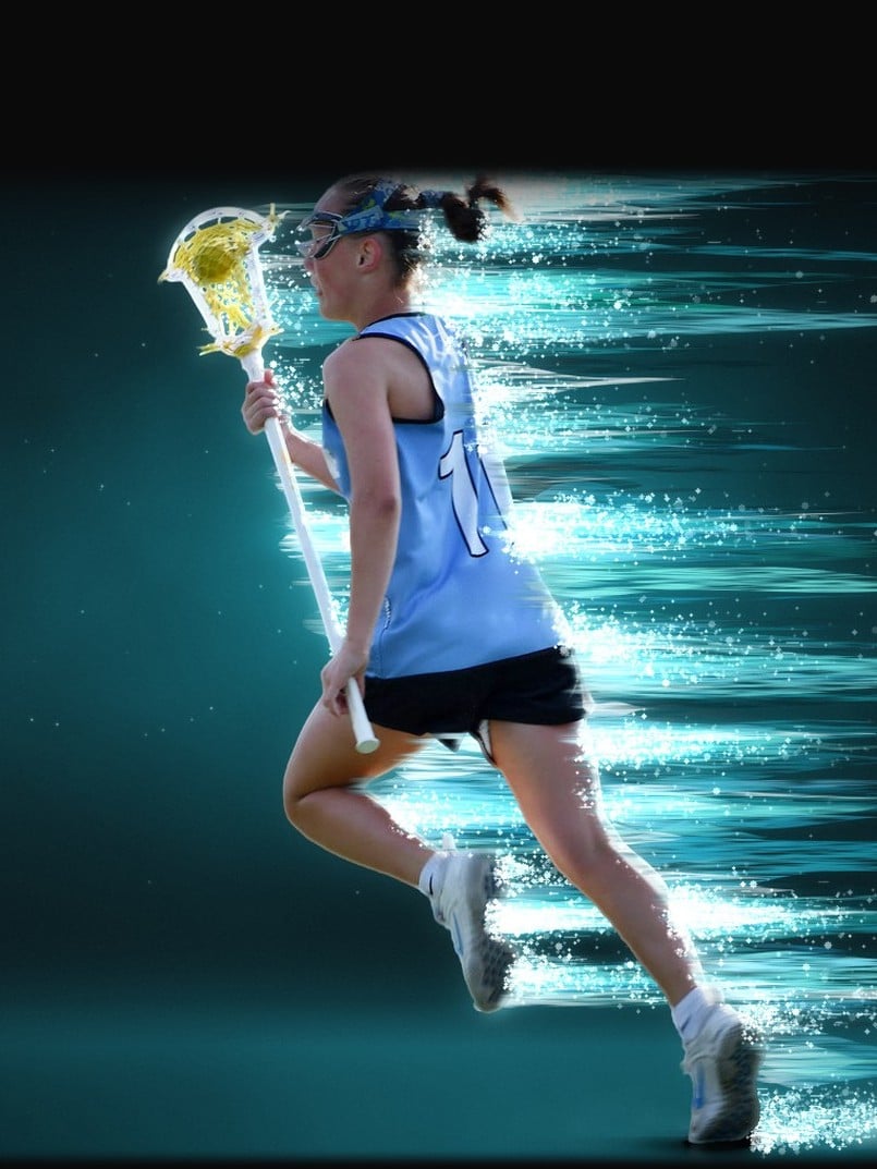Lacrosse player sprinting with the ball, streaks of teal light behind her