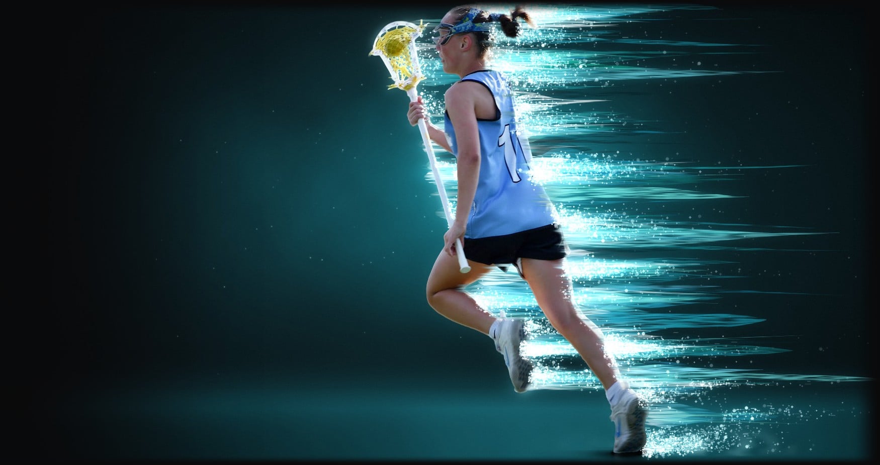 Lacrosse player sprinting with the ball, streaks of teal light behind her