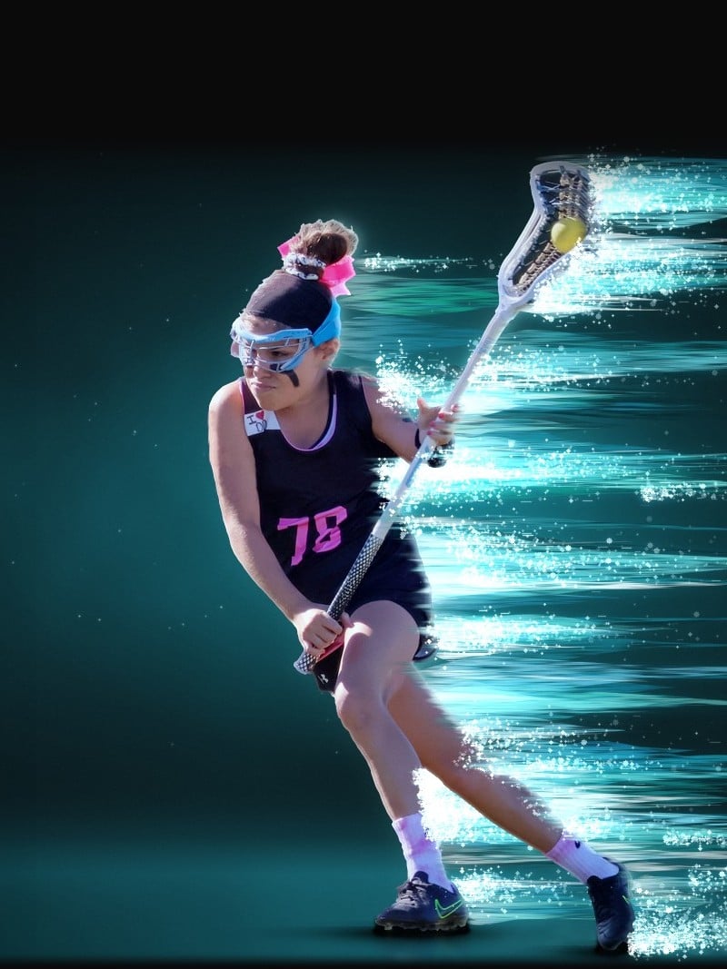 Lacrosse player in a pink 78 jersey cutting with the ball, wrapped in teal light streaks