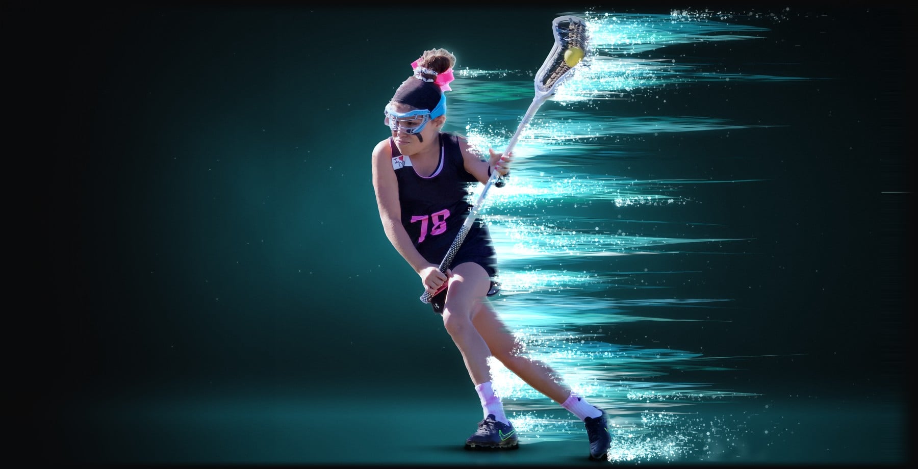 Lacrosse player in a pink 78 jersey cutting with the ball, wrapped in teal light streaks
